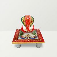 Chitra Handicraft Marble Chowki Ganesh With Peacock Feathers Print