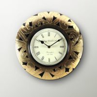 Kraftorium Rajasthani Wooden Wall Clock Brass Finish