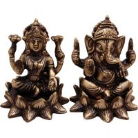 Ethnic Brass Laxmi Ganesh on Lotus Antique Brown Set of Two Pieces