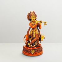 Pure Divine Krishna Standing With Cow On Red Base