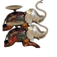 Craftghar Candle Stands Elephants In Wood And Metal 2 Pcs