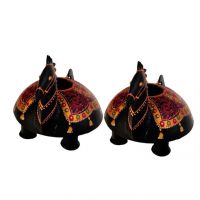 Craftghar Handcrafted Candle Stands Horses In Wood And Metal 2 Pcs