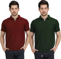 Krazy Katz Solid Men's Polo Neck Maroon, Dark Green T-Shirt(Pack of 2)