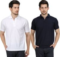 Krazy Katz Solid Men's Polo Neck Dark Blue, White T-Shirt(Pack of 2)