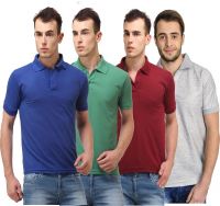 Lime Solid Men's Polo Neck Blue, Green, Maroon, Grey T-Shirt(Pack of 4)