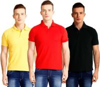 Nimya Solid Men's Polo Neck Red, Black, Yellow T-Shirt(Pack of 3)
