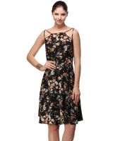 Nineteen Black and Orange Floral Crepe Medium A Line Dress