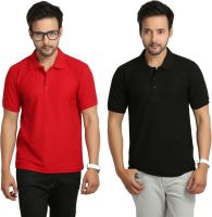 Weardo Solid Men's Polo Neck Black, Red T-Shirt(Pack of 2)