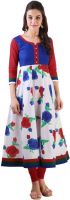 Libas Floral Print Women's Anarkali Kurta(White)