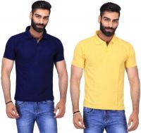 AVE Solid Men's Polo Neck Dark Blue, Yellow T-Shirt(Pack of 2)