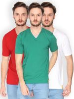 Campus Sutra Solid Men's V-neck Dark Green, White, Red T-Shirt(Pack of 3)