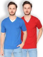 Campus Sutra Solid Men's V-neck Blue, Red T-Shirt(Pack of 2)