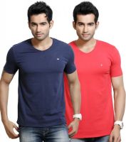 Design Classics Solid Men's V-neck Red, Dark Blue T-Shirt(Pack of 2)