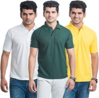 Eprilla Solid Men's Polo Neck White, Dark Green, Yellow T-Shirt(Pack of 3)