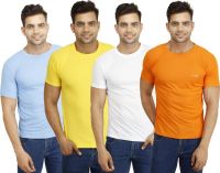 Eprilla Solid Men's Round Neck White, Orange, Yellow, Light Blue T-Shirt(Pack of 4)