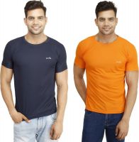 Eprilla Solid Men's Round Neck Dark Blue, Orange T-Shirt(Pack of 2)