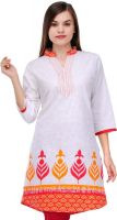 Fuchsia Designs Printed, Woven Women's Straight Kurta(White, Orange, Red)