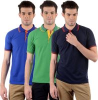 Gdivine Self Design Men's Polo Neck Blue, Green, Dark Blue T-Shirt(Pack of 3)
