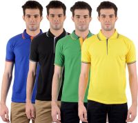 Gdivine Self Design Men's Polo Neck Blue, Black, Green, Yellow T-Shirt(Pack of 4)