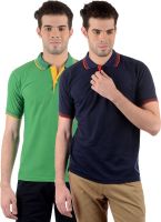 Gdivine Self Design Men's Polo Neck Green, Dark Blue T-Shirt(Pack of 2)