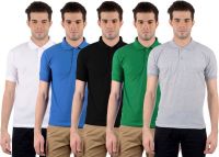 Gdivine Solid Men's Polo Neck Green, Black, White, Grey, Light Blue T-Shirt(Pack of 5)