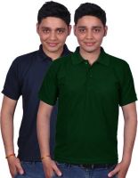 Gdivine Solid Men's Polo Neck Dark Blue, Dark Green T-Shirt(Pack of 2)