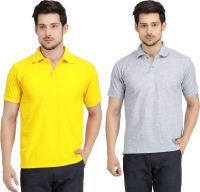 Krazy Katz Solid Men's Polo Neck Yellow, Grey T-Shirt(Pack of 2)