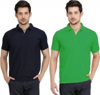 Krazy Katz Solid Men's Polo Neck Dark Blue, Light Green T-Shirt(Pack of 2)