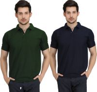 Krazy Katz Solid Men's Polo Neck Dark Green, Dark Blue T-Shirt(Pack of 2)