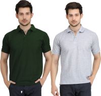 Krazy Katz Solid Men's Polo Neck Dark Green, Grey T-Shirt(Pack of 2)