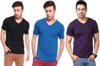 Lowcha Solid Men's V-neck Black, Blue, Purple T-Shirt(Pack of 2)