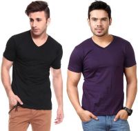 Lowcha Solid Men's V-neck Black, Purple T-Shirt(Pack of 2)