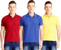Nimya Solid Men's Polo Neck Blue, Maroon, Yellow T-Shirt(Pack of 3)