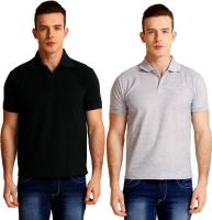 Nimya Solid Men's Polo Neck Black, Grey T-Shirt(Pack of 2)