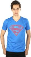 Planet Superheroes Graphic Print Men's V-neck Blue T-Shirt