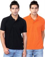 Top Notch Solid Men's Polo Neck Black, Orange T-Shirt(Pack of 2)