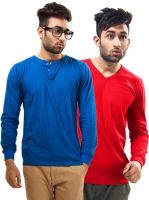 Unisopent Designs Solid Men's Henley, V-neck Blue, Yellow T-Shirt(Pack of 2)