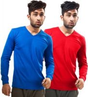 Unisopent Designs Solid Men's V-neck Blue, Brown T-Shirt(Pack of 2)