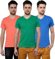 Wear Your Mind Solid Men's V-neck Blue, Pink, Green T-Shirt(Pack of 3)