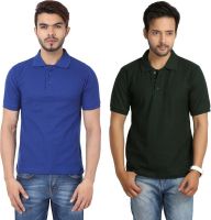 Weardo Solid Men's Polo Neck Dark Green, Blue T-Shirt(Pack of 2)