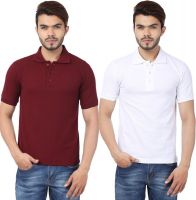 Weardo Solid Men's Polo Neck White, Maroon T-Shirt(Pack of 2)