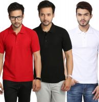 Weardo Solid Men's Polo Neck Black, White, Red T-Shirt(Pack of 3)