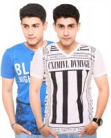 Zwizdot Printed Men's V-neck Blue, White T-Shirt(Pack of 2)