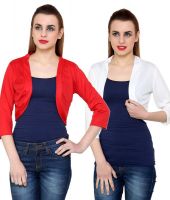 At499 Combo of Red and White Polyester Blend Shrug