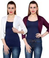 At499 Combo of White and Purple Polyester Blend Shrug