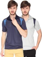 Campus Sutra Solid Men's Polo Neck Dark Blue, Grey T-Shirt(Pack of 2)