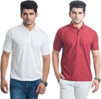 Eprilla Solid Men's Polo Neck White, Maroon T-Shirt(Pack of 2)