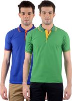 Gdivine Self Design Men's Polo Neck Blue, Green T-Shirt(Pack of 2)