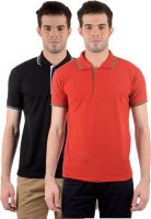 Gdivine Self Design Men's Polo Neck Black, Red T-Shirt(Pack of 2)