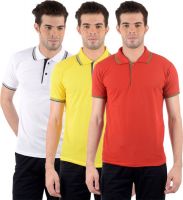 Gdivine Self Design Men's Polo Neck White, Yellow, Red T-Shirt(Pack of 3)